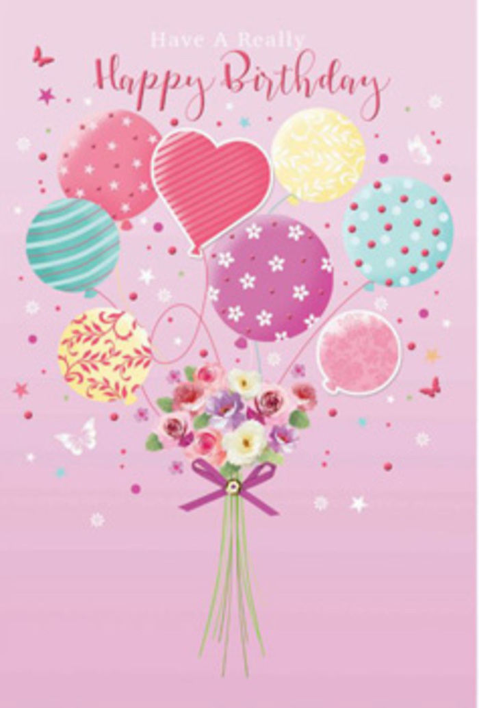 This richly detailed birthday card design presents a bouquet of balloons and flowers that appears to float, as if carried on the quiet breeze that moves through Teddington's tree-lined streets. A gathering of balloons in pale pink, seafoam green, soft butter yellow, and lavender fills the upper half of the composition. Each balloon has been given its own decorative character: some are wrapped in twisting ribbons that spiral upwards, others are sprinkled with joyful polka dots, and a few are brushed with stylised blossoms and curling swirls, reminiscent of patterns seen in small boutiques near Teddington High Street. Highlights glide across their surfaces, giving them the glossy depth of real latex balloons under gentle indoor lighting. Suspended from this airy canopy, a hand-tied bouquet rises from the bottom of the scene. The flowers are painted in delicate tones of ivory, blush pink, and muted mauve, with layered petals that look lush, soft, and freshly cut, as though they might cool your fingertips and release a faint, comforting fragrance. A rich purple bow secures the stems, the satin ribbon rendered with careful shading so each fold appears touchably smooth. Scattered stars and fluttering butterflies surround the arrangement, bringing a sense of motion and magic, not unlike seeing birthday confetti drift in the air during a celebration at a local riverside café. The mood is affectionate and quietly joyful, perfectly suited to a birthday greeting meant to make someone in Teddington feel cherished. It merges the spontaneity of balloons with the thoughtfulness of a florist-crafted bouquet, turning a simple card into a tender visual celebration.