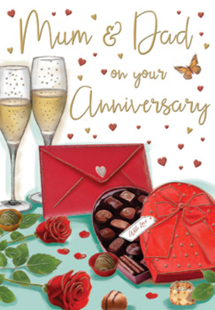 This anniversary card illustration portrays a carefully arranged celebration scene, filled with details that suggest a long, loving relationship, like those often marked with flowers and cards in Teddington. At the heart of the image lie two vivid red roses, placed close together on a smooth surface. Their petals are depicted as thick and velvety, layered in rich crimson tones with subtle shading, giving them a lifelike softness and depth. The roses are framed by full, dark-green leaves that curl gently around the blooms, evoking the freshness of a hand-picked bouquet set down for a quiet moment. To one side, an open heart-shaped box of chocolates introduces a note of sweet indulgence. The box itself is a deep romantic red, its lid tipped back to reveal a selection of round and square chocolates nestled in individual slots, their surfaces smooth and slightly glossy. An oversized satin-red bow is wrapped around the box, its loops generous and slightly billowed, catching the light in a way that suggests fine ribbon. Behind these elements, standing tall, are two slim champagne flutes positioned close together, filled with pale golden champagne. Tiny bubbles are shown rising through the liquid, and faint reflections along the glass stems capture the sense of a softly lit room, perhaps after dusk along Teddington High Street. All around, tiny red and gold hearts seem to drift weightlessly, encircling the hand-lettered greeting for Mum & Dad, which anchors the emotional focus of the card as a tribute to parental love. A bold scarlet envelope sits in the lower part of the scene, sealed and ready to be opened, its flat surface contrasting with the organic shapes of roses and ribbon. The entire composition glows with gentle, warm light, giving the impression of a quiet, intimate anniversary toast enjoyed at home with flowers and chocolates close at hand.