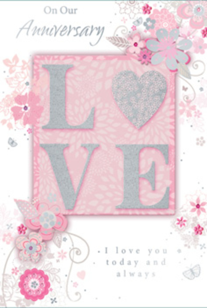 In this photograph, a tastefully designed anniversary card is displayed, radiating a sense of calm romance very much in keeping with the relaxed charm of Teddington's residential streets. The central focus is the word LOVE, rendered in textured, raised letters that are gently edged with fine glitter. The glitter is subtle and soft, giving off a delicate shimmer when light touches it, more akin to the sheen on satin ribbon than anything overly glitzy. These letters sit on a softly glowing blush background panel, which sits slightly proud of the card's main surface, adding depth and a sense of importance to the central sentiment. Around this focal area, a cluster of illustrated flowers and curling vines unfurls in an almost weightless composition. The blossoms are outlined in fine lines, shaded in gentle pinks and greys, and accented with tiny hints of silver foil that catch the light here and there, echoing the professional detailing a florist uses when combining foliage and petals in a hand-crafted arrangement for an anniversary surprise. The vines sweep across the card in flowing arcs, creating a sense of movement that draws attention without ever feeling busy. The rest of the card is kept light-mostly white with soft pink undertones-so the intricate details can breathe. Alongside and below the floral design, an elegant anniversary message is written in cursive script, the strokes fluid and graceful, like a personal note penned just before an evening celebration in a cosy Teddington living room. The effect is that of a paper keepsake that pairs perfectly with fresh blooms, offering a beautifully arranged tribute to enduring love.