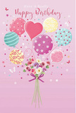 In this gentle birthday illustration, balloons and blossoms come together in a soft, whimsical scene that could easily belong to a celebration in Teddington. At the centre, a cluster of pastel balloons drifts upward, tinted in blush pink, pale sea green, lemon yellow, and lavender. Each balloon shows off a different design: some wear swirling ribbons that curve gracefully, others are dotted with playful spots, while a heart-shaped balloon glows quietly among them, suggesting affection and warm wishes. Light traces along their smooth surfaces, creating tiny highlights that make them look as though they're slowly turning in a sunlit room near the Thames. Below, a fresh hand-tied bouquet is gathered, the stems pulled together by a violet satin bow. The flowers themselves-roses and soft daisy-like blooms in creamy ivory, blush, and gentle mauve-are drawn with delicate detail, their petals layered and velvety, suggesting the careful work of Flowers Teddington preparing a birthday gift. Around the arrangement, little stars and fluttering butterflies dance, hinting at movement, like a breeze passing through the trees near Bushy Park. The entire composition feels light and uplifting, combining the youthful joy of birthday balloons with the timeless elegance of fresh flowers. It's a visual expression of a heartfelt birthday wish, filled with pastel colour, soft texture, and the quiet charm of a locally inspired design.