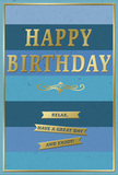 Chic birthday card in layered blue stripes and luminous gold accents, positioned as though it has just been set beside a birthday bouquet on a Teddington kitchen table. The background shows a sequence of broad horizontal bands in various shades of blue, blending smoothly from deep navy at the top, through rich ocean and denim tones, to a soft, gentle sky blue at the base. This flowing gradation creates a calming ombré effect, like watching evening light stretch across the Thames. Centred on this tranquil backdrop, the words HAPPY BIRTHDAY are presented in embossed gold capital letters. The lettering appears raised and polished, catching glints of light that make the message stand out clearly without feeling overly bold. Just beneath, a graceful golden flourish spans the width of the card, looping and curving in a classic, ornamental style that adds refinement and charm. In the lower section, three narrow gold banners are neatly stacked, their ribbon-like shapes slightly pointed at each end. These banners carry a relaxed line of text that reads: Relax, have a great day and enjoy! echoing the card's gentle, easy-going mood. A thin gold border traces the outer edge of the card, neatly framing the design and enhancing its sense of cohesion. The blues appear soft and matte to the eye, while the gold details are glossy and smooth, suggesting a pleasing contrast of textures when touched. Imagined next to fresh, fragrant blooms from Flowers Teddington, delivered to a home near Bushy Park or along the High Street, this card offers a quiet, heartfelt way to say happy birthday with style and calm confidence.