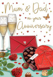 The illustrated anniversary card captures a romantic moment set out on a table, the kind of scene easily imagined in a Teddington home once gifts and flowers have arrived. In the foreground, two red roses are laid carefully side by side, their petals rich, velvety, and fully open, each layer of crimson curls adding to a sense of depth and softness. Surrounding the blooms, deep green leaves splay naturally, hinting at stems that have just been trimmed from a bouquet and set down for a pause. Adjacent to the roses sits an open heart-shaped box of chocolates, painted in a matching red tone. The lid is tilted back to expose neat rows of chocolates cradled in a tray, with gentle highlights along their rounded tops and edges suggesting glossy, indulgent textures. A wide red bow, tied elegantly around the box, adds drama and luxury, its loops and tails gently rippled as though recently adjusted. Behind this, two slender champagne flutes stand in close companionship, filled with sparkling golden champagne. Delicate streams of bubbles rise toward the rim, capturing an impression of movement and subtle celebration, as if a toast is about to be raised after a stroll by Teddington Lock. In the background, small golden and crimson hearts float across a soft, neutral backdrop, weaving around the scripted words Mum & Dad that make clear the card's purpose as an anniversary greeting. At the bottom corner, a bright scarlet envelope lies sealed and waiting, suggesting heartfelt handwritten words within. Warm, diffused light appears to fall across the entire arrangement, bringing out the sheen of glass and ribbon and the lush texture of the roses, creating an overall feeling of cosy, enduring love celebrated quietly at home in Teddington.